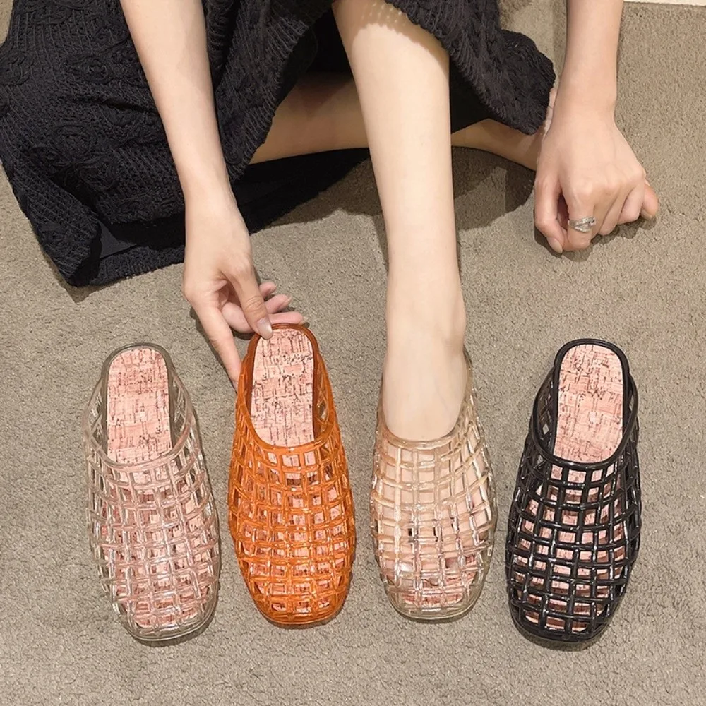 Round Toe PVC Crystal Slippers Soft Transparent Fishing Net Jelly Sandals Flat Low Bottom Non-Slip DIY Shoes Charms Shoes view 6