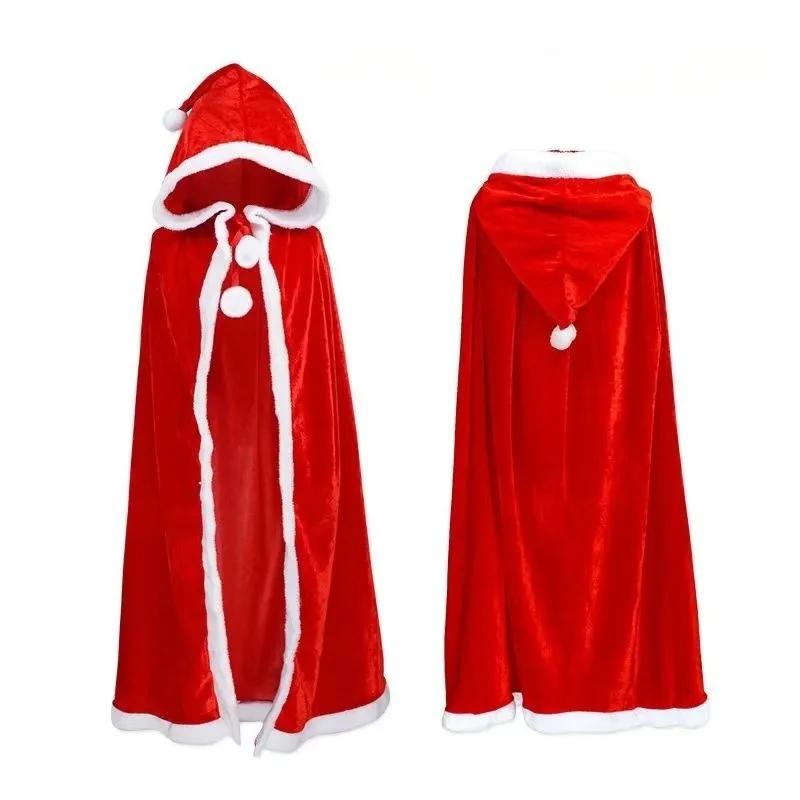 

Christmas Velvet Hooded Cloak for Kids:Thickened short velvet, decorative balls,warm & soft. Perfect for cosplay/parties!