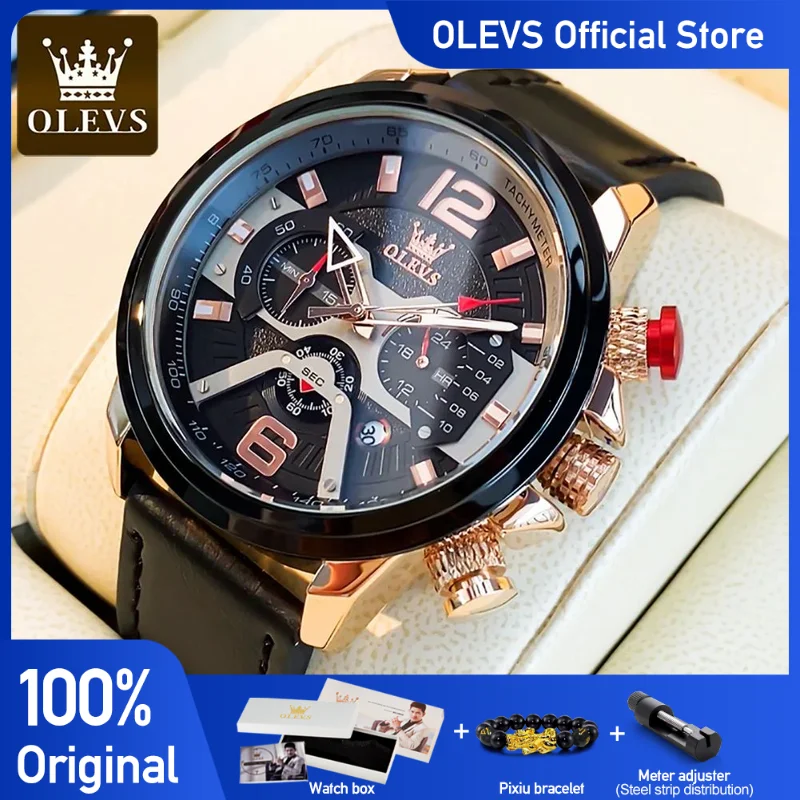 OLEVS Men\'s Watch Big Dial 52MM Deep Waterproof Sport Watches For Men Quartz Fashion Chronograph Wristwatch Leater Strap