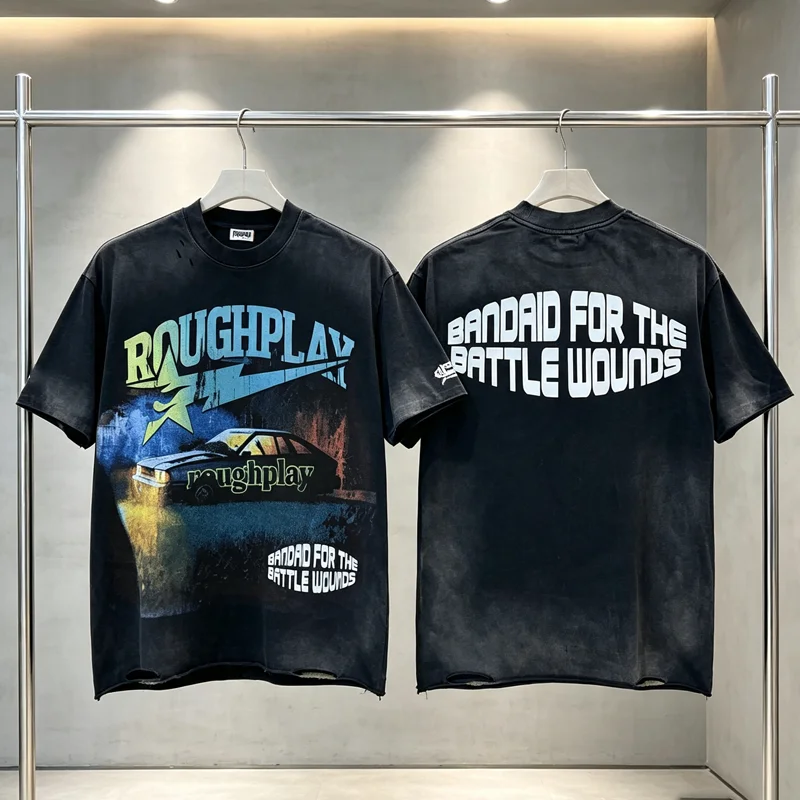 Trend Hip Hop Gradient Print Men's Women's New Style Rough Play Short Sleeved Tops Vintage Washed Black Weathered Hole T-Shirts