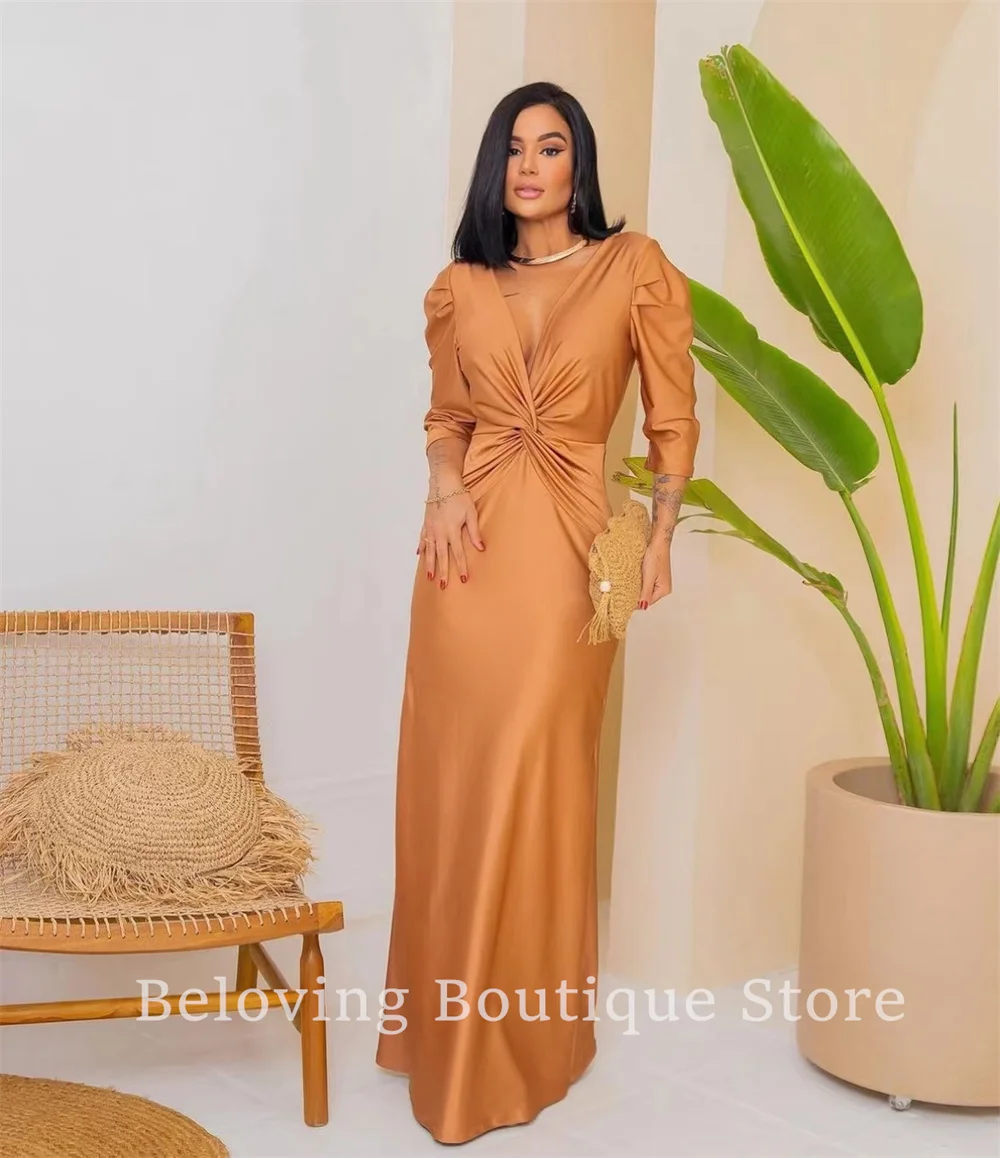 Middle East Brown Straight Prom Dresses Beach 2024 Taffeta Long Party Dress For Weddings V Neck Women Engagement Evening Gowns