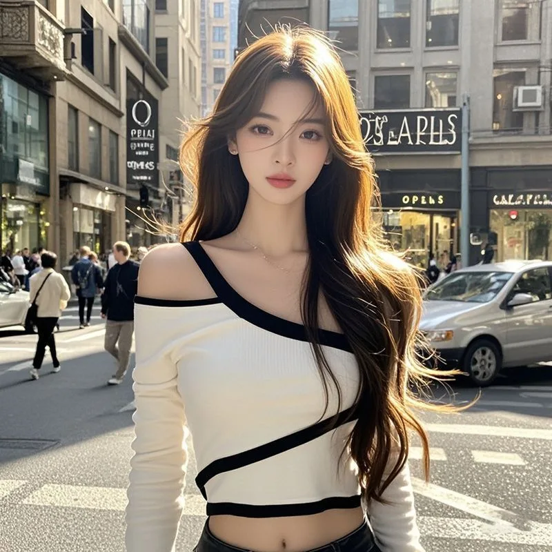 

Early Autumn Long Sve Hollow out Faion Design Slim Fit T-irt for Women Low Waist Linen Casual Sle Color Top