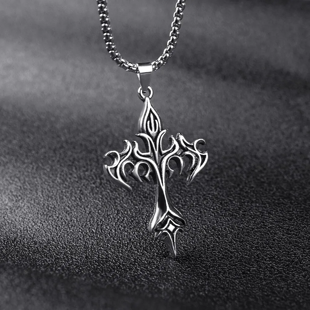 Stainless Steel Necklace Flame Retro Cross Titanium Steel Casting Men Pendant Necklace Type image 5