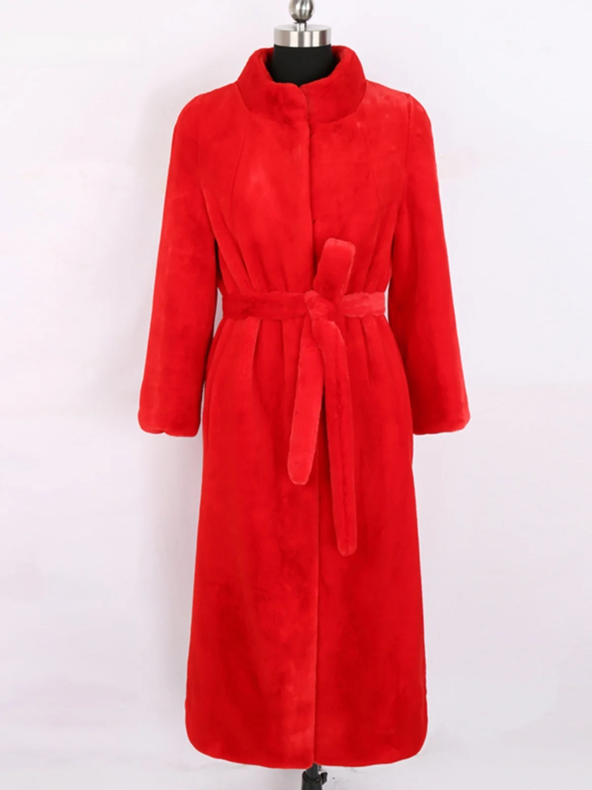 Nerazzurri Fashion Red Long Coat Women's Stand Collar Belted Eco-friendly Mink Velvet Winter Outerwear Fake Fur Coat