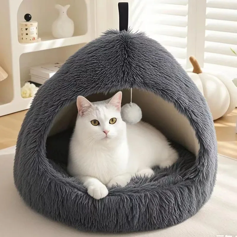 

BSemi-закрытый кошачий домик с игрушкой-мячом, портативная кровать для собаки для маленьких собак, противоскользящая спальная кровать для кошек, плюшевый домик для собак, аксессуары для кошек