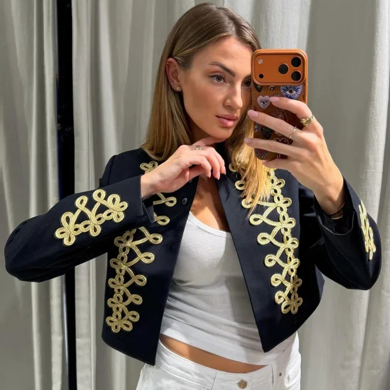 2026 Crop Slim Jacket Women's Jacket Autumn Darkblue Napoleon Blazer O-Neck Frog Knot Long Sleeve Tops Military Style Outerwear