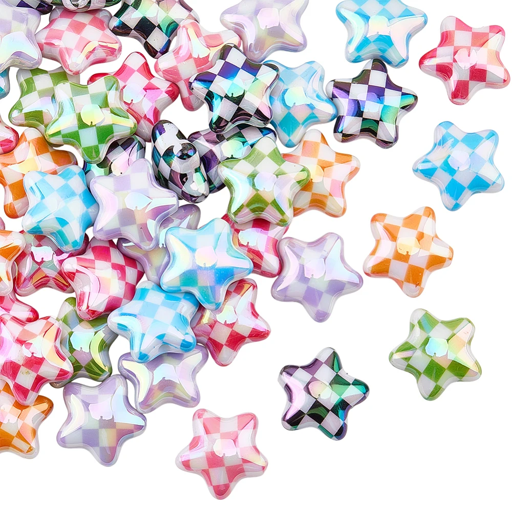 1 Box 50Pcs Acrylic Star Beads Checker Beads Bulk Random Color Tartan Checkerboard Opaque Iridescent Cute Stars Loose Spacers