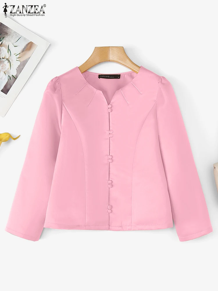 

ZANZEA Plus Size Shirts Elegant Satin Blouses 2025 Fashion Women V-Neck Office Lady Tunic Tops 3Puff Sleeve Autumn Blusas 5XL4