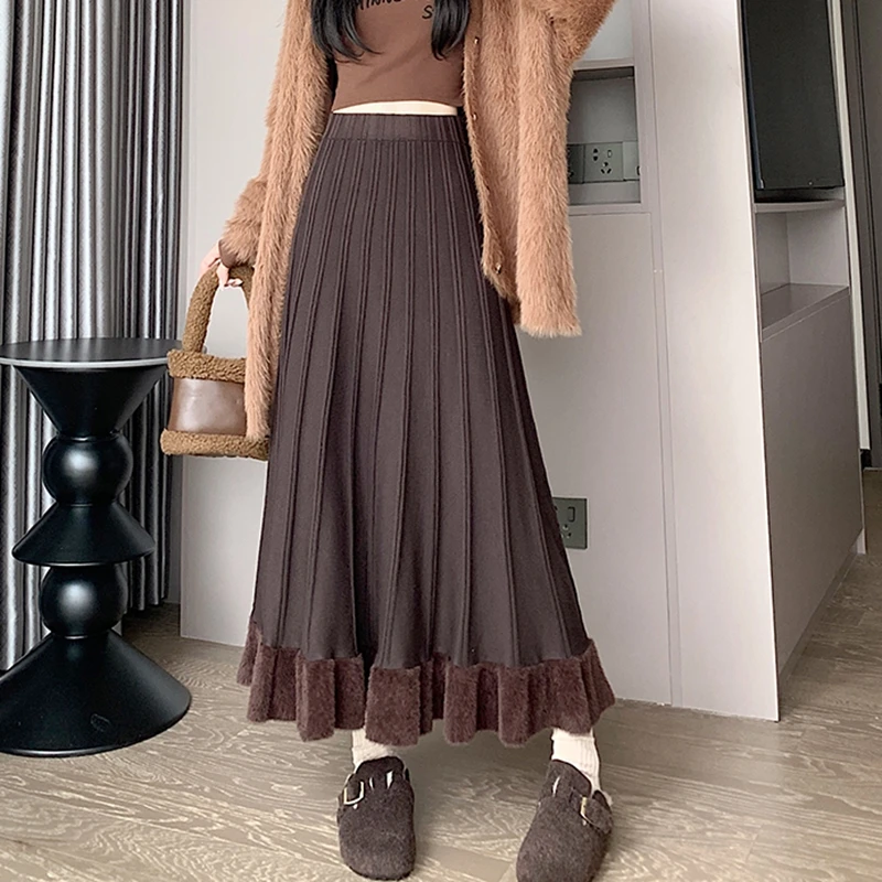 

Thick Winter Knitted Long Skirts Women Elegant High Waist A Line Oversized Faldas Woman Y2k Clothes Casual Harajuku Black Skirt