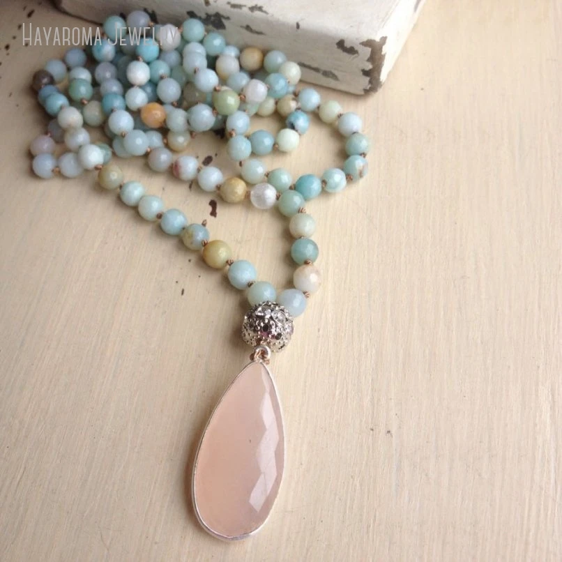 10Pcs Luxe Glam Soft Blues Pink Stone Hand Knotted Boho Style Lightweight Beach Long Necklace