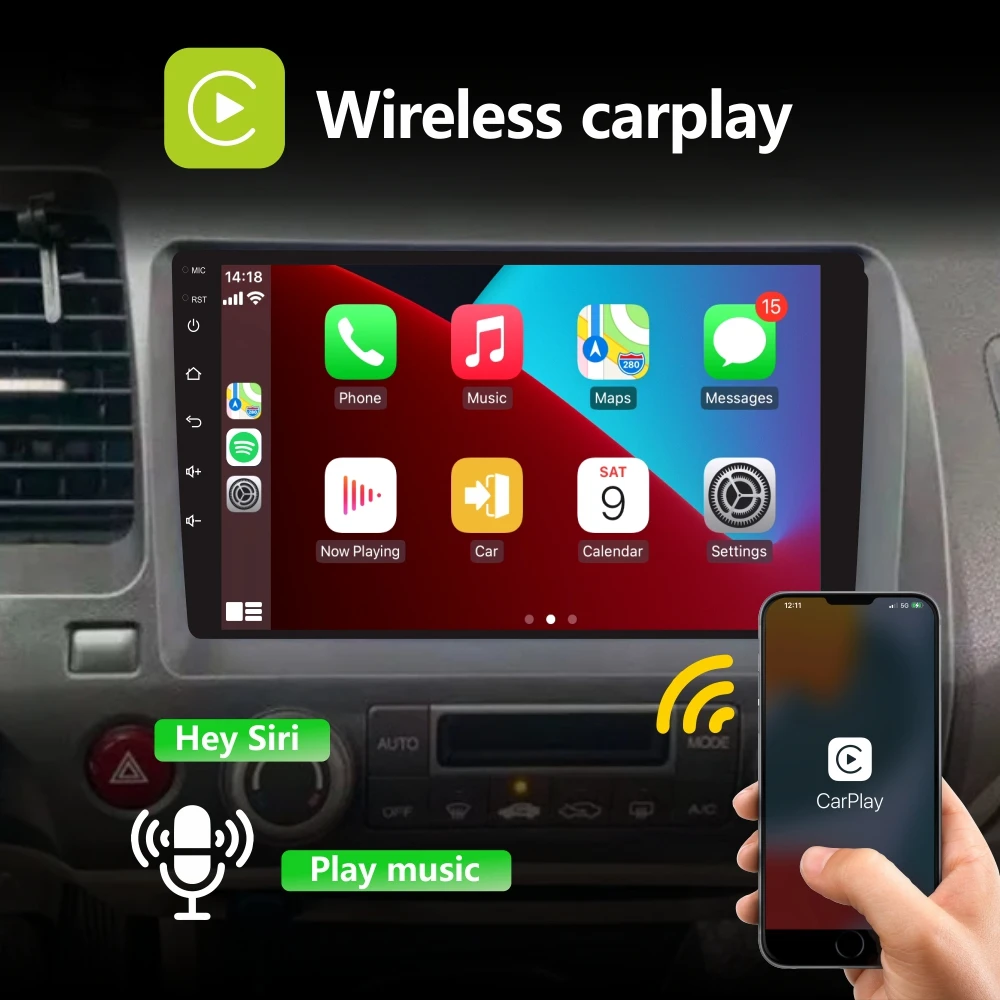 Car Radio with Wireless Carplay Android Auto for Honda Civic 2006-2011 with 9