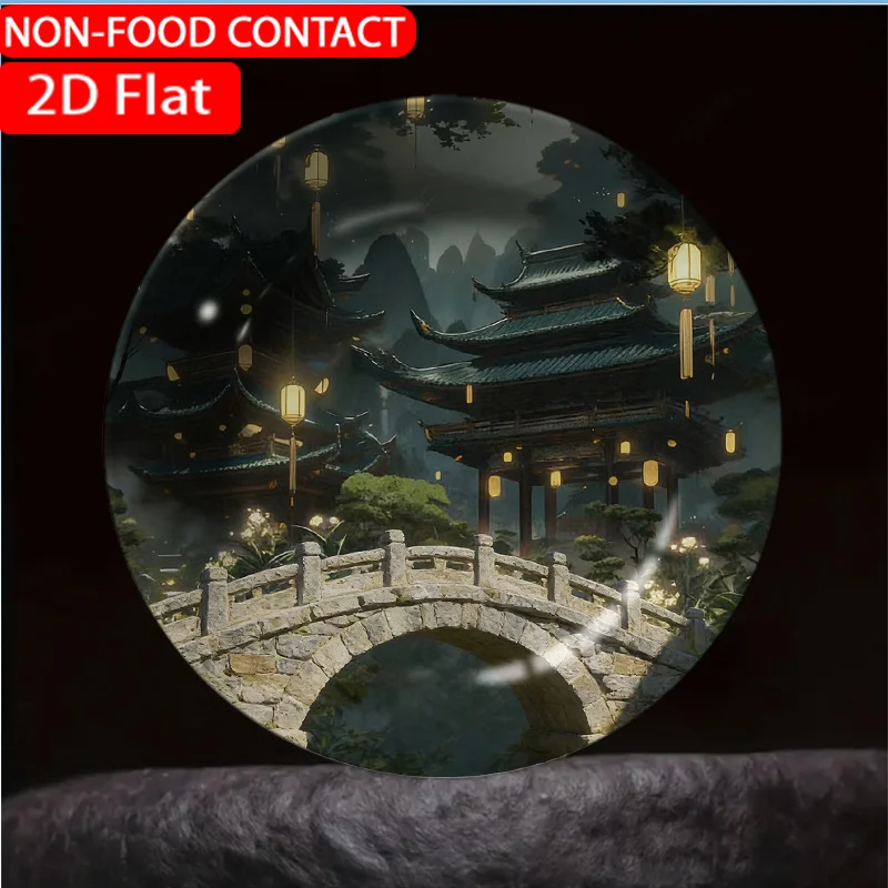 1pc Oriental Glowing Ceramic Plate - Asian-Themed Architectural Bridge Non-Food Contact Suitable for Home Desk Decor, Table