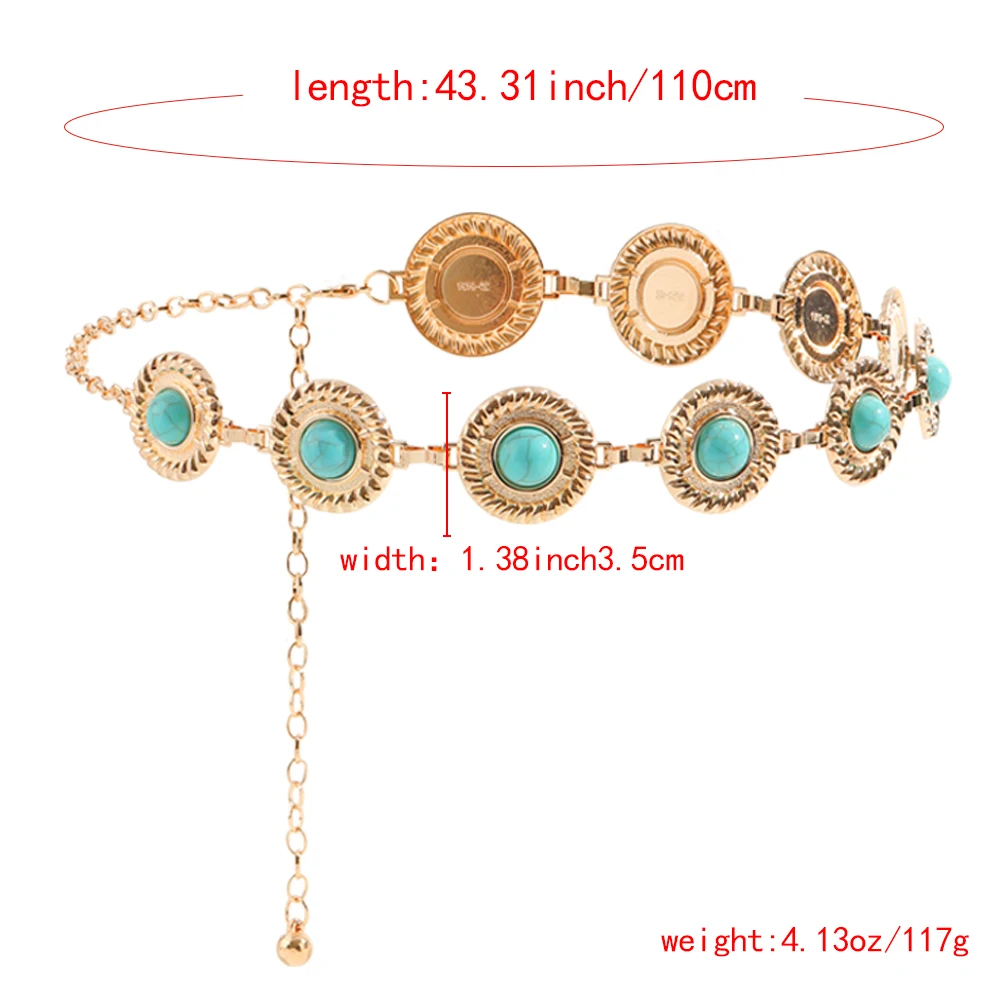 New women's retro waist chain Alloy oval turquoise accessory dress Women's thin waist chain one piece