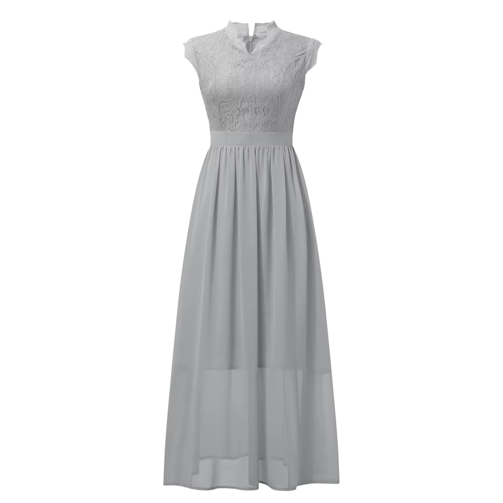 

Sexy Hollow V-Neck Sleeveless Lace Splicing Chiffon High Low Two Layers Long Dress