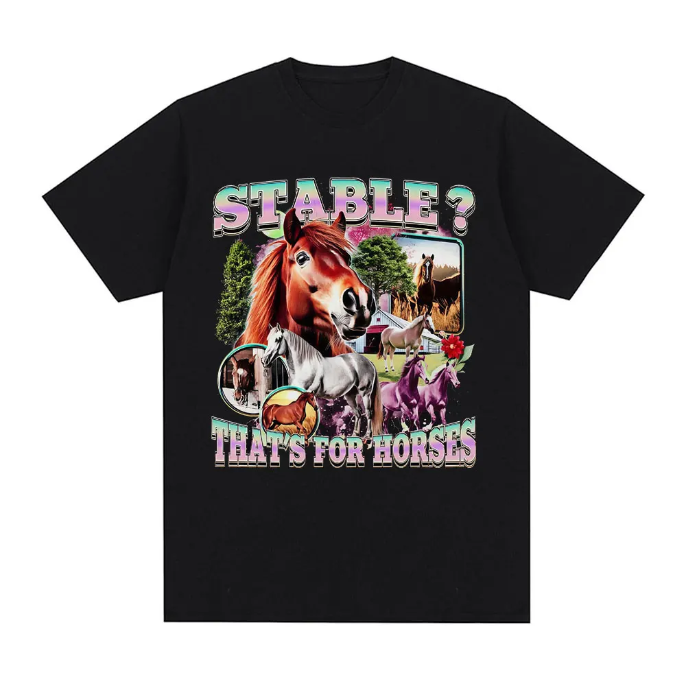2026 New Funny horses Meme 100%cotton men's shirt Vintage O-Neck Short Sleeve Harajuku women's summer fashion oversized Tshirt