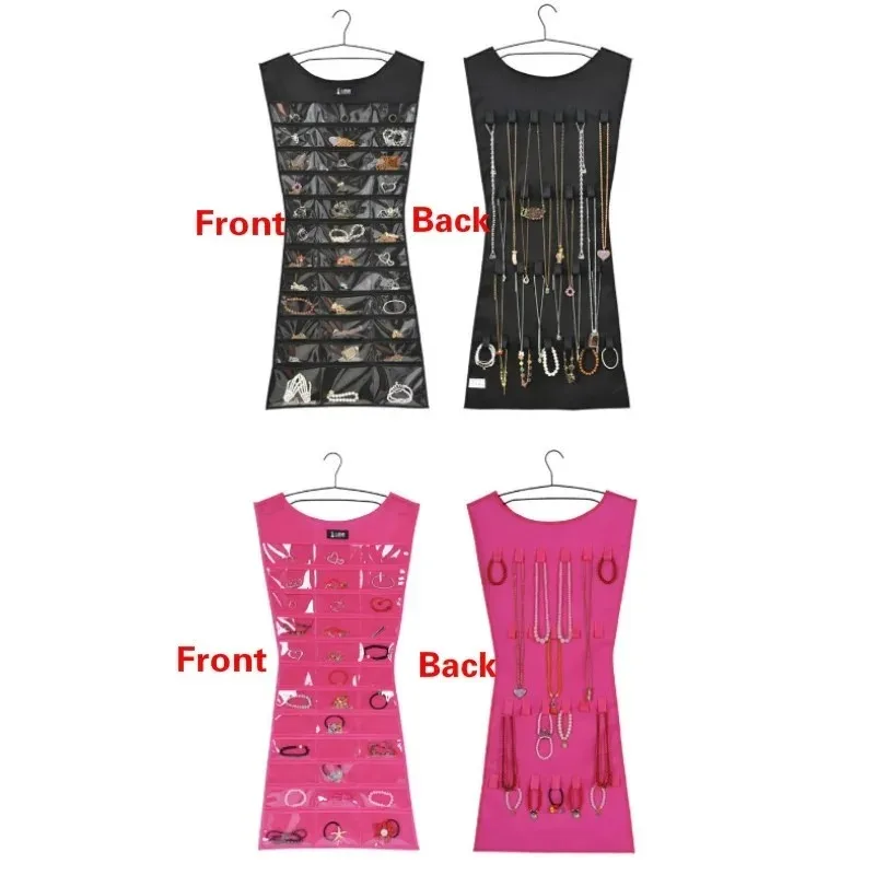 

2pcs Double-sided clothing shape accessory pouch - Non-woven fabric multi-pocket jewelry black/pink storage bag