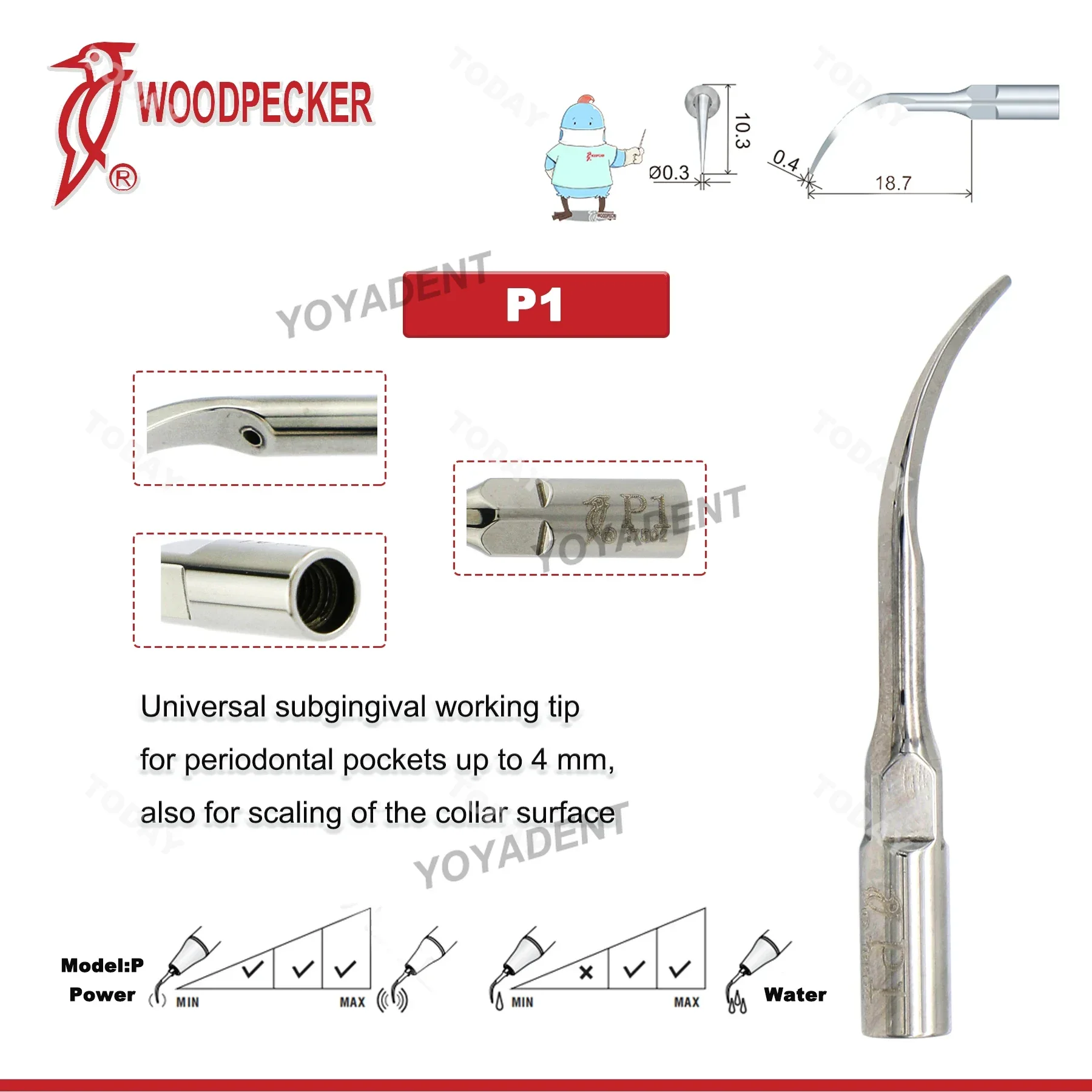 Woodpecker Dental Ultrasonic Scaler Tip P1 For Cleaning And Remove Subgingival Calculus Fit EMS UDS Ultrasonic Piezo Scaler