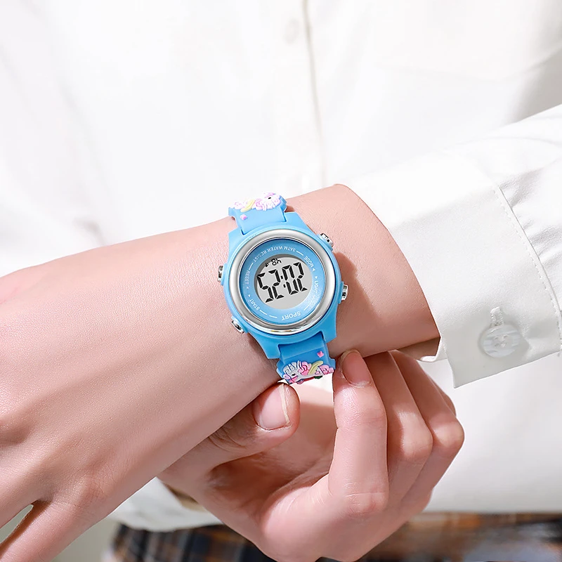 다기능 전자 시계, 화려한 야간 조명 실리콘 어린이 스포츠 시계, 알람 시계, 만화 유니콘 디자인