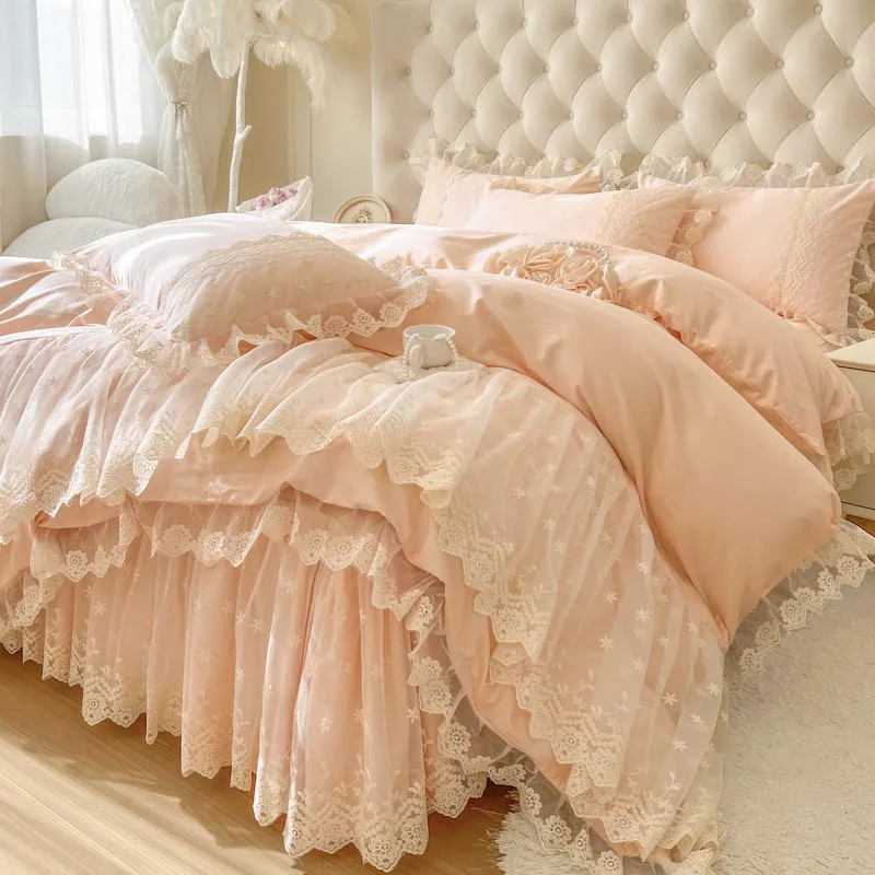 100% Cotton Pink Princess Lace Embroidery Korean Style Bedding Set King Queen Size Duvet Cover Bed Skirt Bedspread Pillowcases