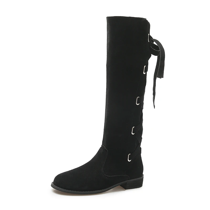 Shoes for Women 2023 High Quality Flock Women's Boots Knee-High Modern Boots Women Back Lace-up Round Toe Low Heel Shoes Ladies