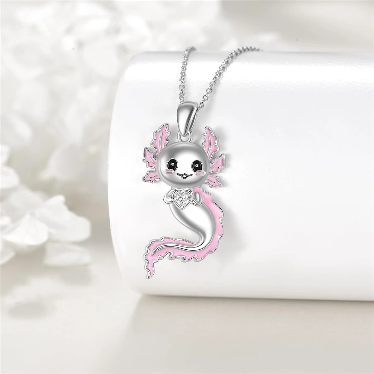 1Pc Cute Pink Ear Axolotl Artificial Crystal Necklace for Women Exquisite Pet Axolotl Jewelry Women's Holiday Birthday Gift