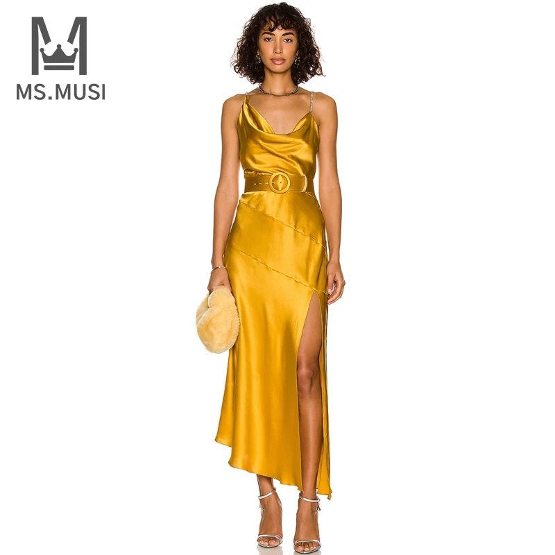 

MSMUSI 2022 New Fashion Women Sexy Gold Strap V Neck Belt Draped Fold Sleeveless Backless Bodycon Party Club Midi Dress Vestidos