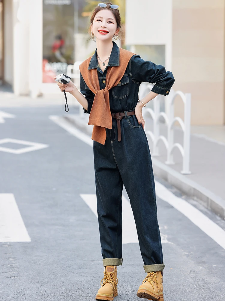 

Retro Denim Sle One-Piece Suit Women's Spring Autumn High Waist Slimming Workwear Long Sve High Collar Faion Set