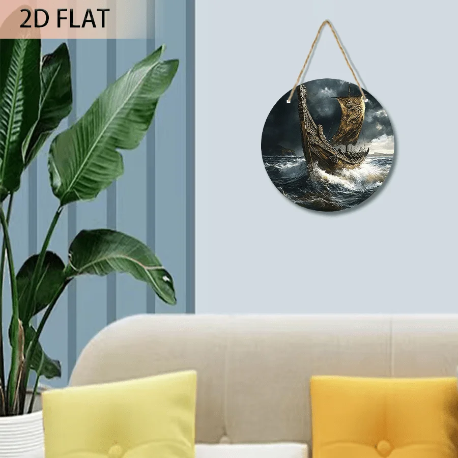 2D Flat, Wooden Nautical Wall Plaque - Retro / Warship Suitable for Home, Office, Café Decor - Round Hanging Sign for Weddings,