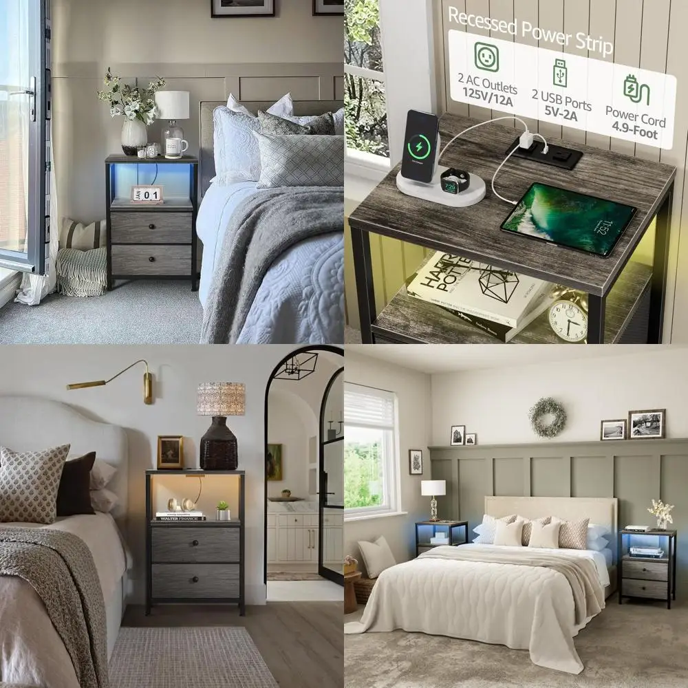 

Modern Charging Nightstand with Fabric Drawers, LED-lit, USB Ports & Outlets