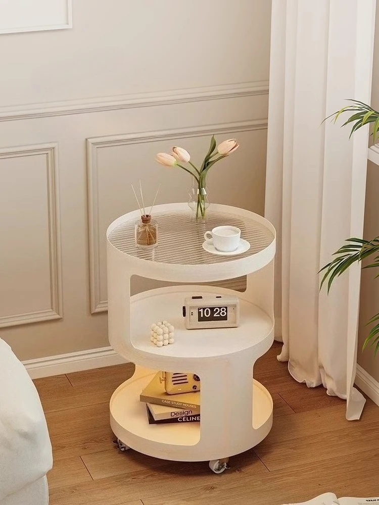 Home Furniture Creative Small Round Glass Sofa Side Table Movable Side Cabinet Simple Iron Tea Table Trolley Roller Storage Rack