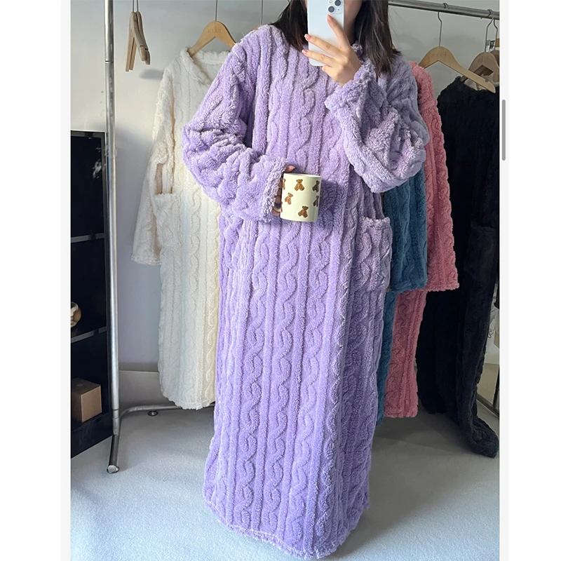 Women Winter Thicken Night Dress Soft Coral Velvet Long Sleeve Nightgowns Solid Color Comfort Nightdress Sleepwear Homewear