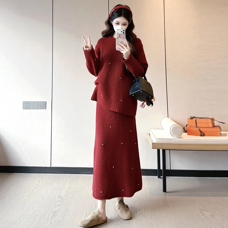Maternity 2 Piece Set Sweater and Midi Skirt Pearl Decor Autumn Winter