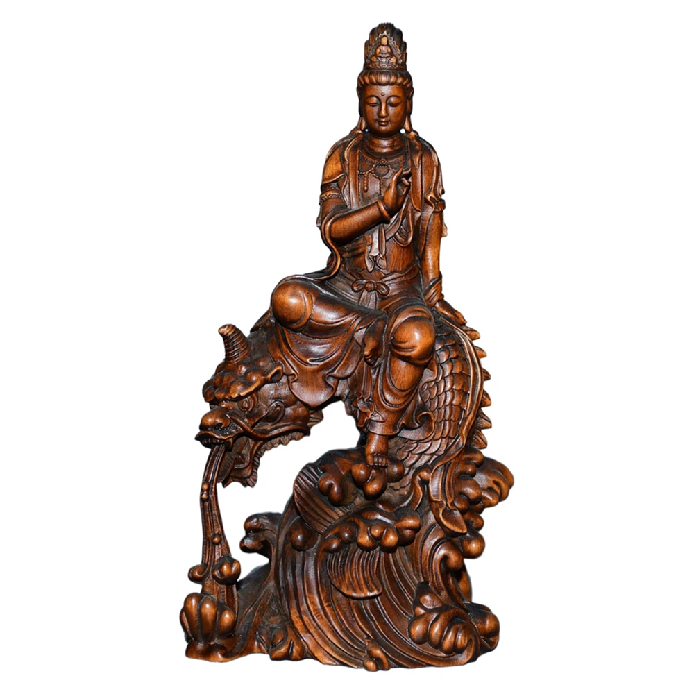 Chinesische Buchsbaumschnitzerei Guanyin Kwan Yin Drache Holz geschnitzte Skulptur Figur Statue buddhistische Merciful Ornament TV-Schrank