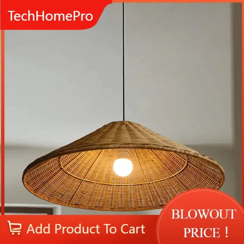 TechHPBrown Beige Rattan Pendant Light Minimalist Hand Knitted Lampshade For Dining Room Living Room