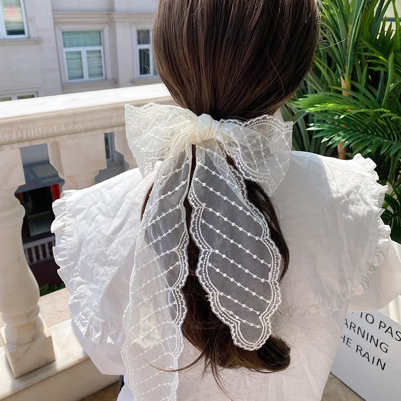 Fashion Solid Color Lace Embroidery Women\'s Hair Scarf Korean Style Hair Long Ribbons Scarf Hair Bands  Headwear