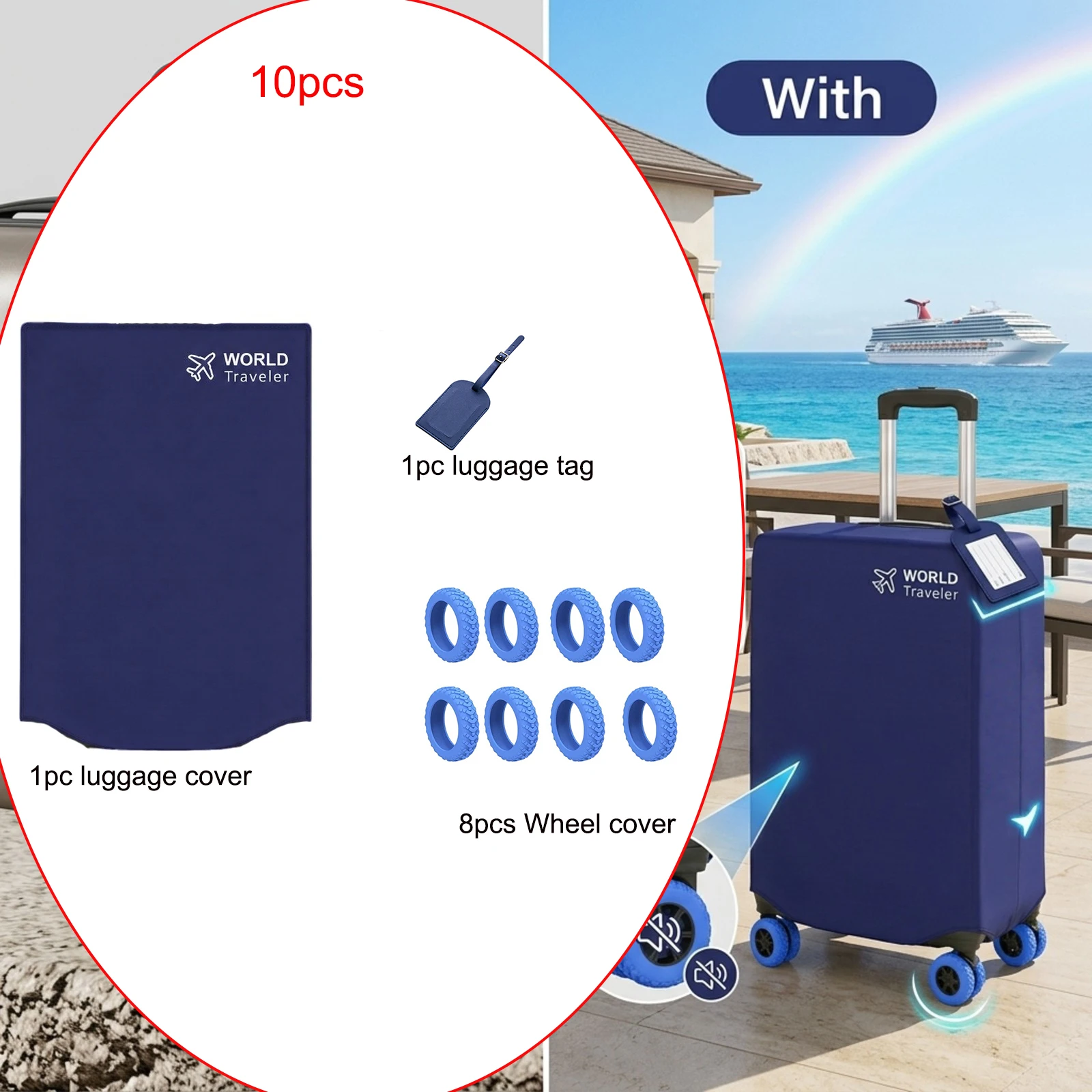 10-Piece Set of Suitcase Protective Covers + Luggage Tags + 8 Wheel Covers |   20-30inch Universal Thickened Elastic Dust Cover |   Highly Recognizable to Prevent Mistaking |   Essential for Business Trips and Travel