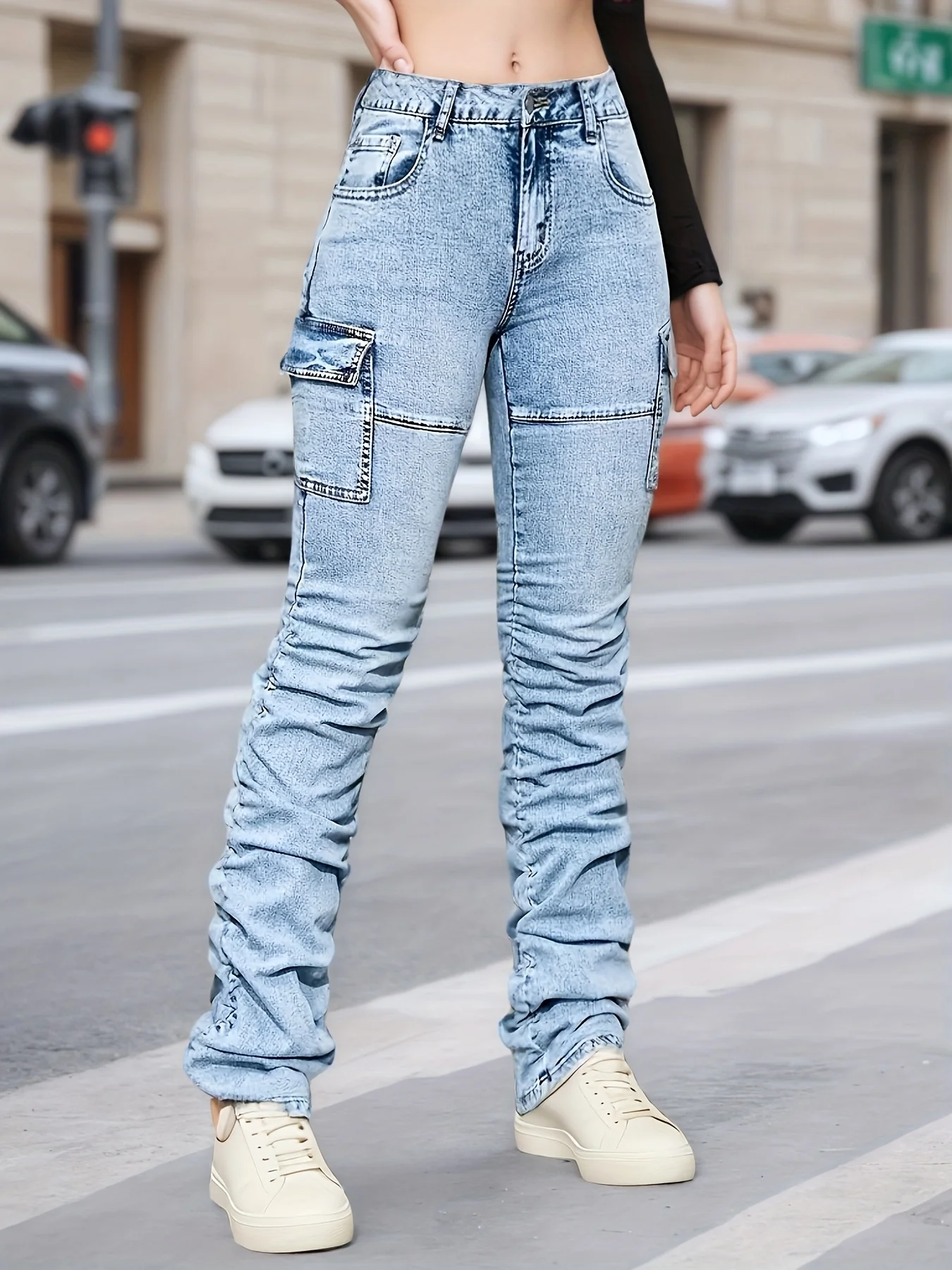 جينز نسائي كاجوال عالي الخصر، مصنوع من القطن الممزوج المرن، ويمكن غسلها في الغسالة، مريح في الارتداء #2