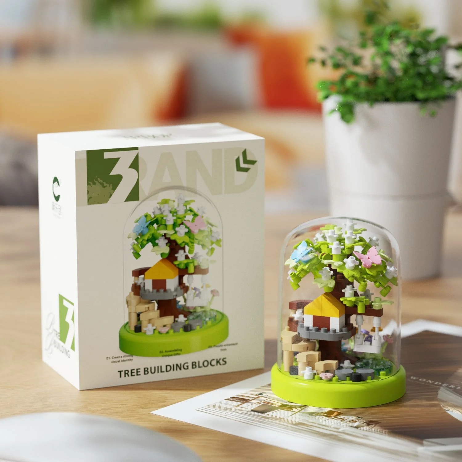 Set da costruzione per casa sull'albero verde 266 pezzi Pianta in vaso da fiori con micro particelle con cupola trasparente Natura Decorazione natalizia fai da te Regalo