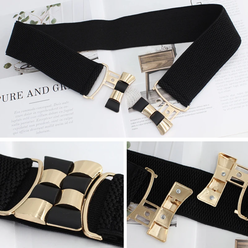 Fashion Women'S Elastic Wide Belt Golden Leaves Waist Belt Buckle Female Dress Coat Sweater Decorative Waistbands Cummerbands