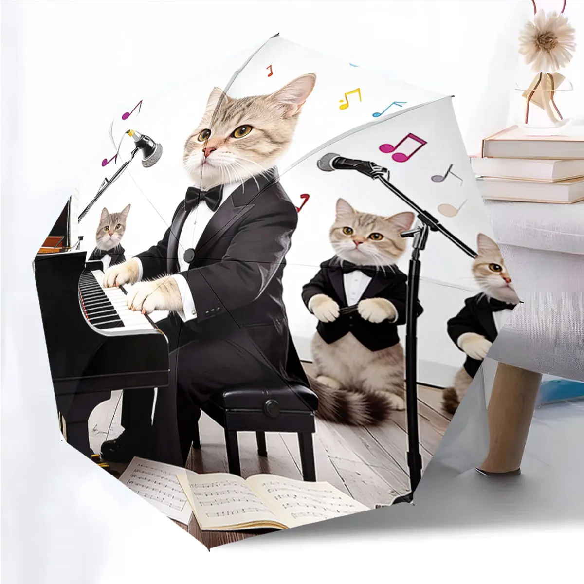 1PC Cats Perform Elegant Piano Concert Print 8 Iron Ribs Folding Umbrella Auto-Open Fashion Sunshade
