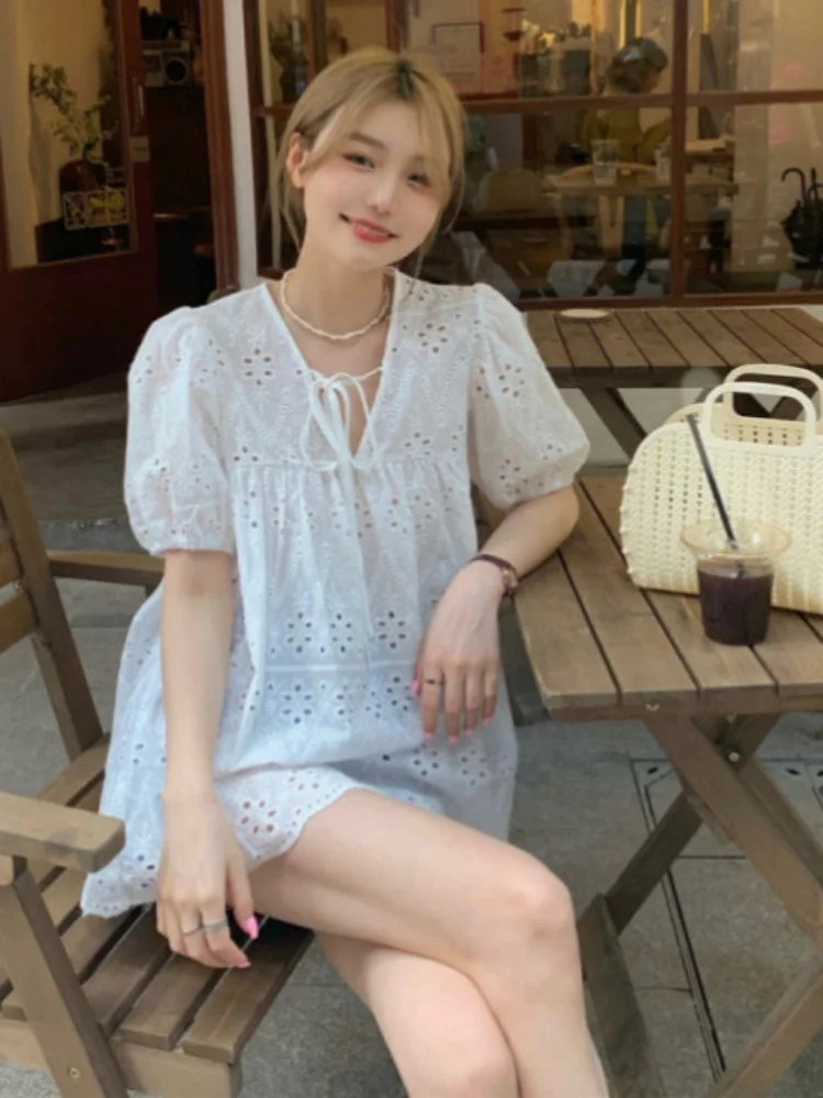 2024 Fashion Summer Sweet Puff Sleeve Women Blouses New Elegant Shirts White Hollow Out Short Sleeve Tops