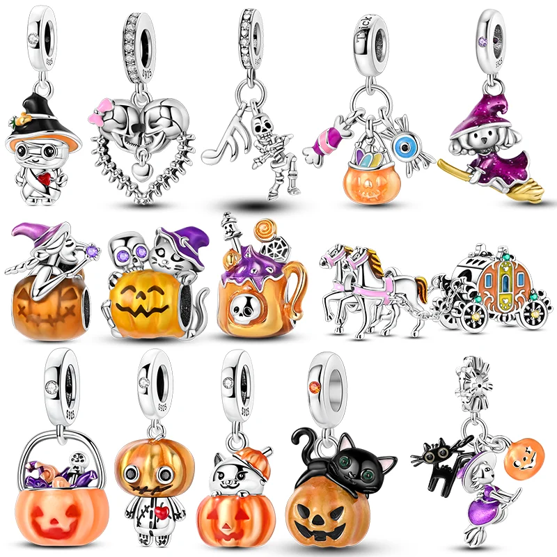 Original 925 Sterling Silver Halloween Skeleton Witch Bat Pumpkin Charms Beads Skull Dangle Fit Women Original Bangle Bracelet