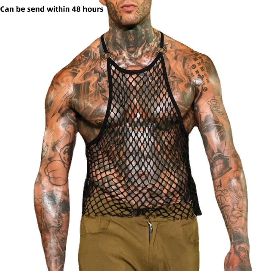 New 2024 Men\'s Summer Sexy Tank Tops See Through Hollow Out Mesh Vest Shirts Men Clothes Fashion Party Sleeveless Man Camisole