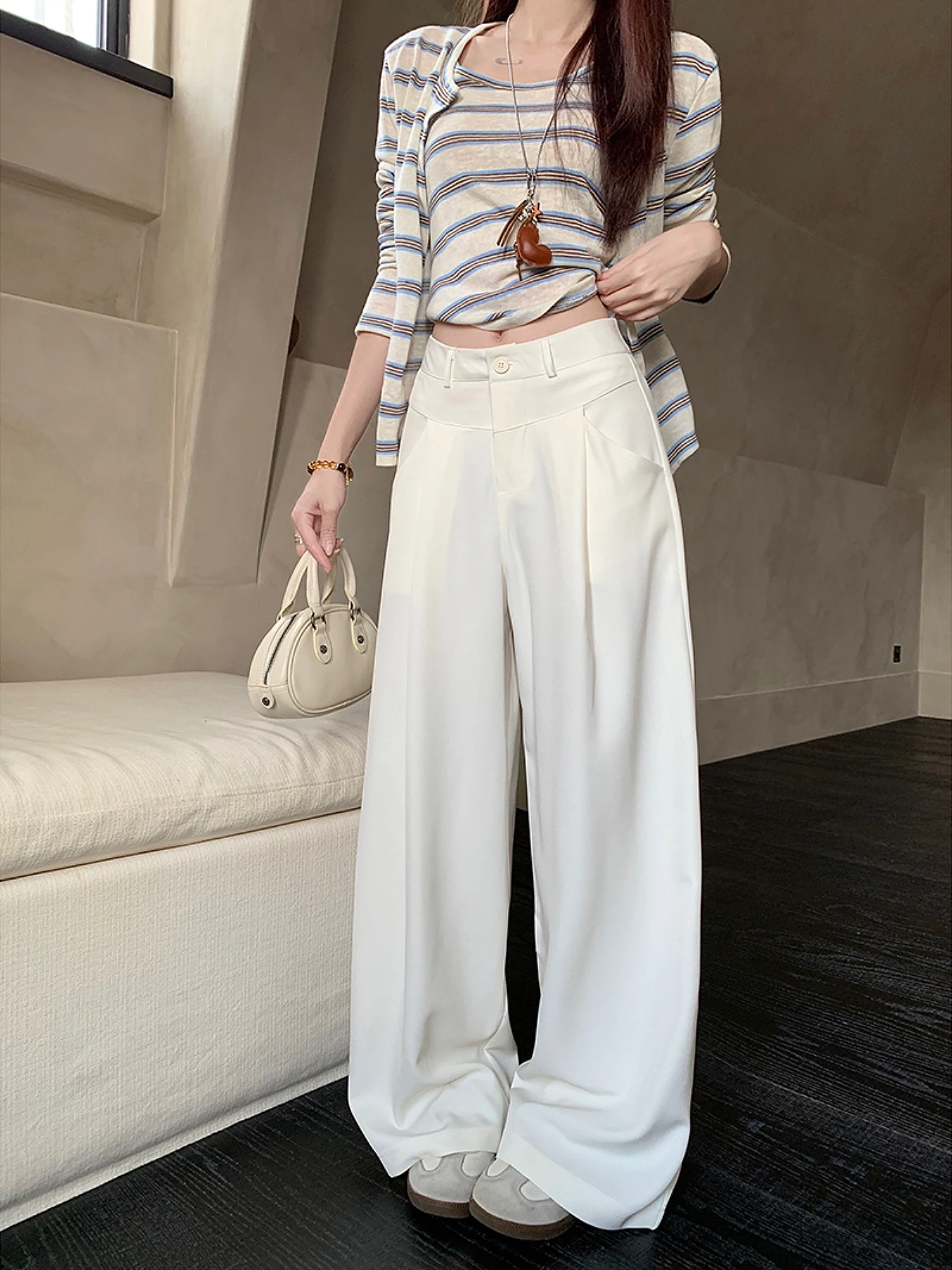 Caramel Color Wide Leg Suit Pants Women's High Waist Loose Fitting Long Trousers Autumn New Arrival Slimming Effect