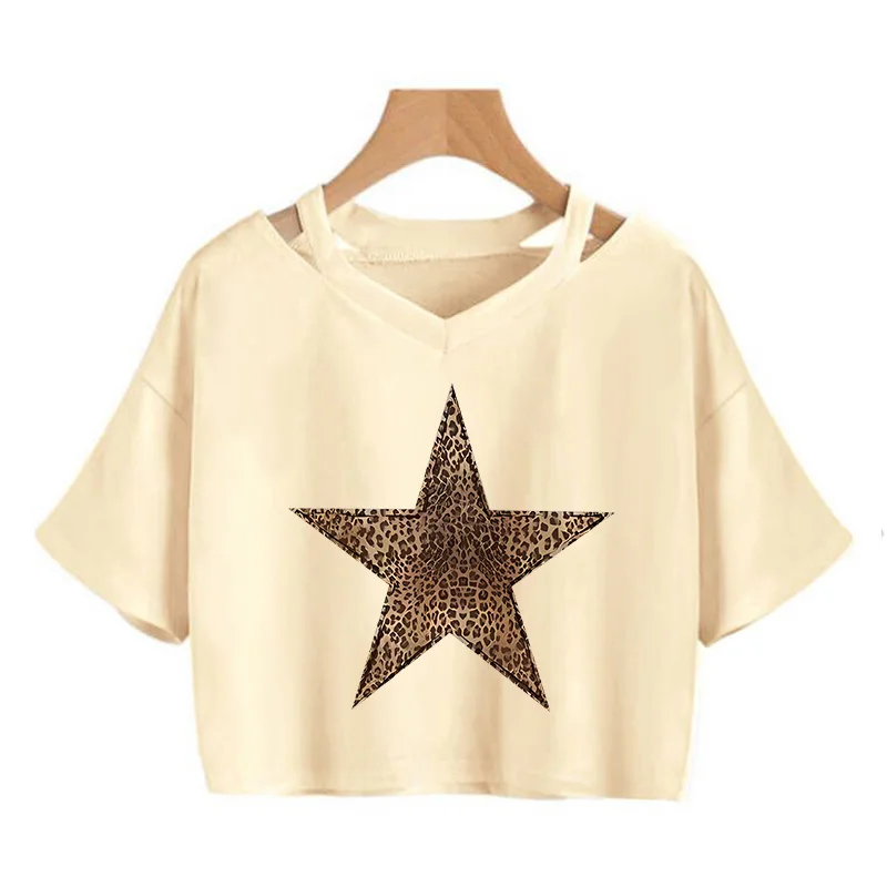Leopardenmuster Stern-Crop-Tops Damen Kurzarm Vintage Cropped T-Shirt Regular Gothic Sommer T-Shirt Kleidung
