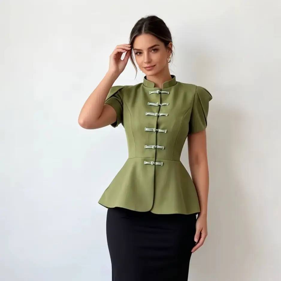 Retro Frog Peplum Blouse with Stand Collar and Puff Sleeves