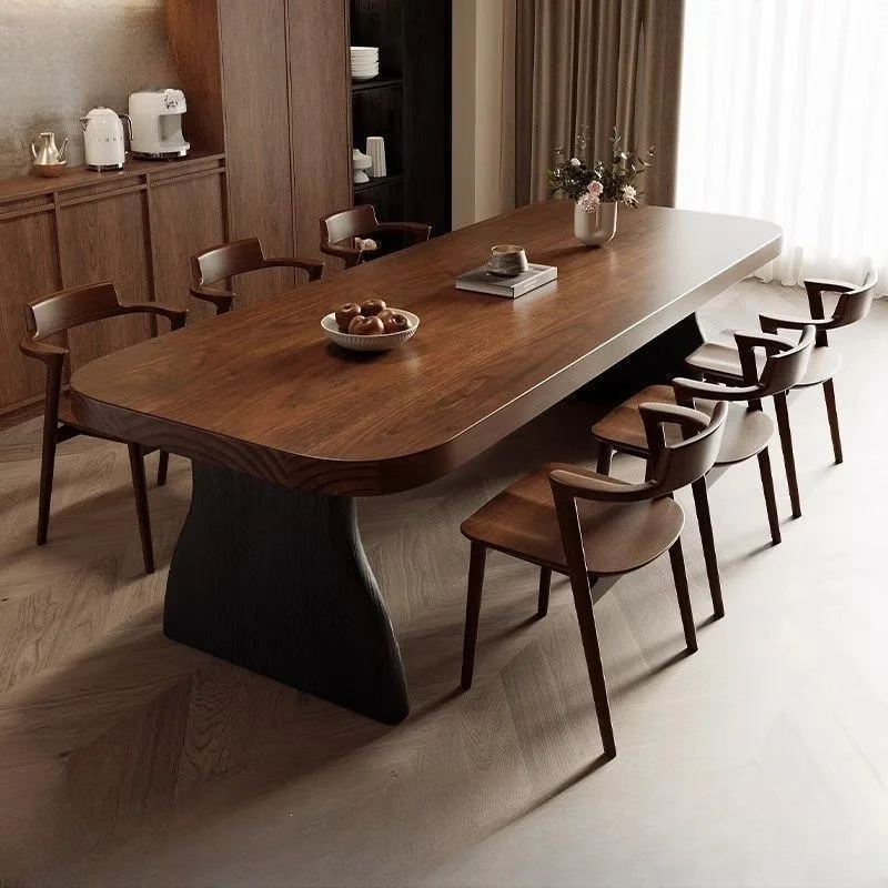 French retro color matching solid wood large board eating table, art design rounded corner dining table, Nordic medieval