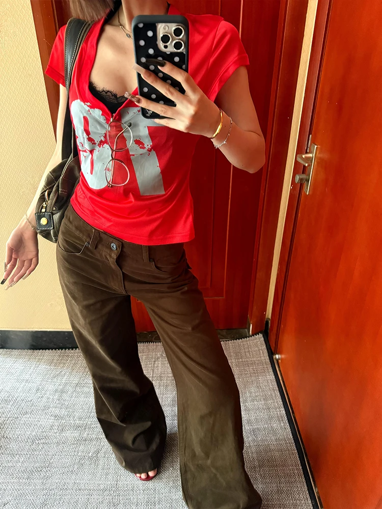 Slim Fit ort Sve V-Ne T-Shirt Damen Sommer Digitaldruck Kontrastfarbe Abnehmen Hot Girl Street Sle Baumwollmischung