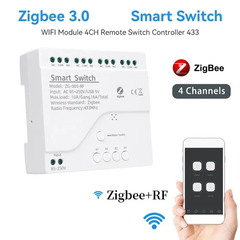 [NEWA76K!】 4 Channels Tuya Zigbee Smart Switch Module Wireless Relay Voice Control White 1 Piece