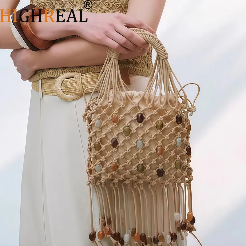 

Сумки-ведра с вырезами и бусинами для женщин: роскошные дизайнерские сумки и клатчи, новинка, повседневный стиль, с декором из кисточек и внутренним карманом